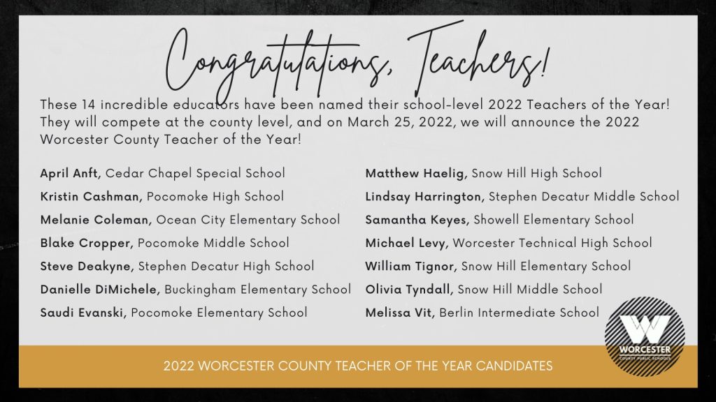 Worcester County Public Schools Teacher of the Year names